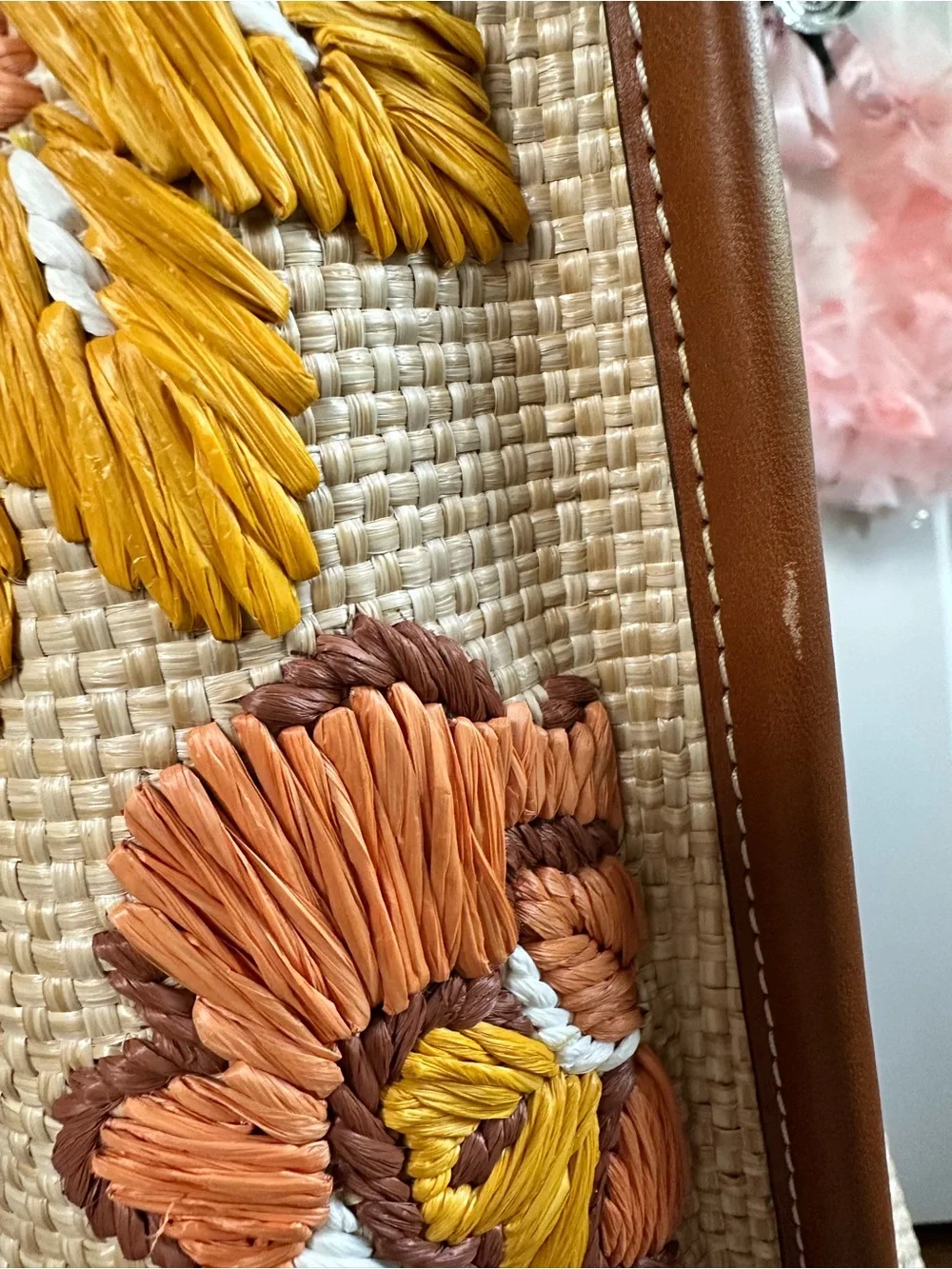 Tory Burch Floral Embroidered Raffia Tote in Brown and Yellow